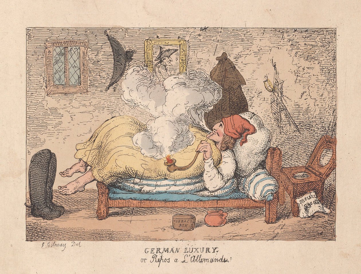 German Luxury ou Repos a LAllemande, pub. 1800 (gravura colorida à mão) de James Gillray
