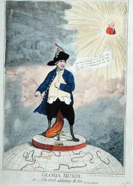 Gloria Mundi, ou O Diabo a dirigir-se ao Sol, publicado por William Humphrey em 1782 (gravura colorida à mão) de James Gillray