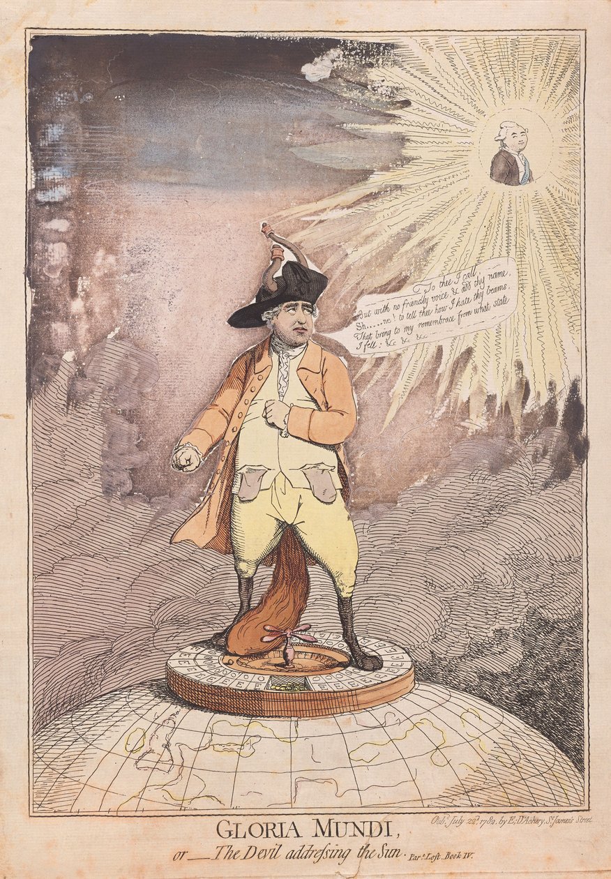Gloria Mundi, ou o diabo que endereça o sol, bar. 1782 (gravura colorida à mão) de James Gillray