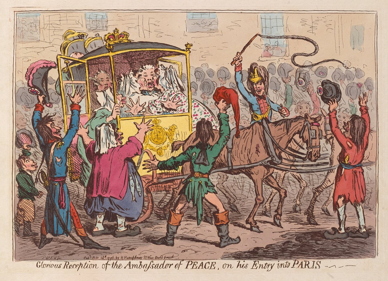 Recepção Gloriosa do Embaixador da Paz em sua Entrada em Paris, pub. 1796 (gravura colorida à mão) de James Gillray