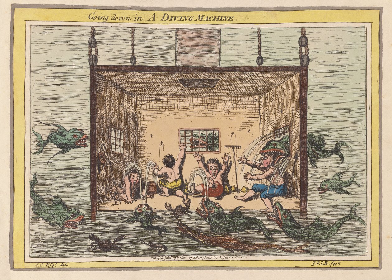 Descendo em uma máquina de mergulho, pub 1801 (gravura colorida à mão) de James Gillray