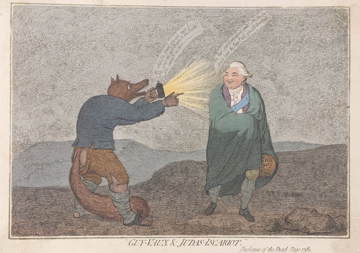 Guy-Vaux e Judas-Iscariotes, pub. 1782 (gravura colorida à mão) de James Gillray