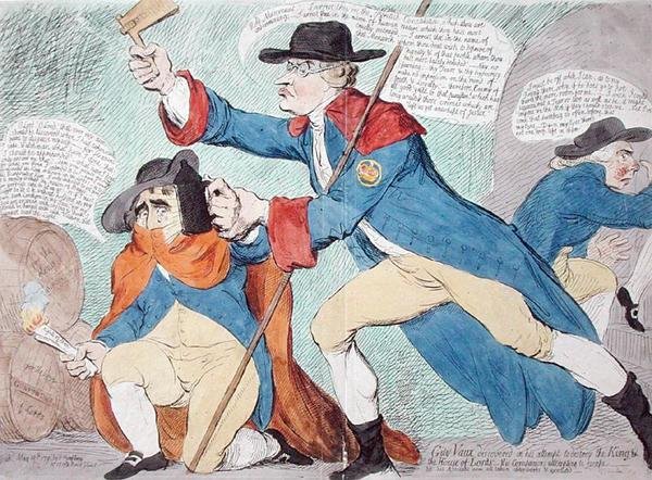 Guy Vaux descoberto na tentativa de destruir o Rei e a Casa dos Lordes, publicado por Hannah Humphrey em 1791 (gravura colorida à mão) de James Gillray