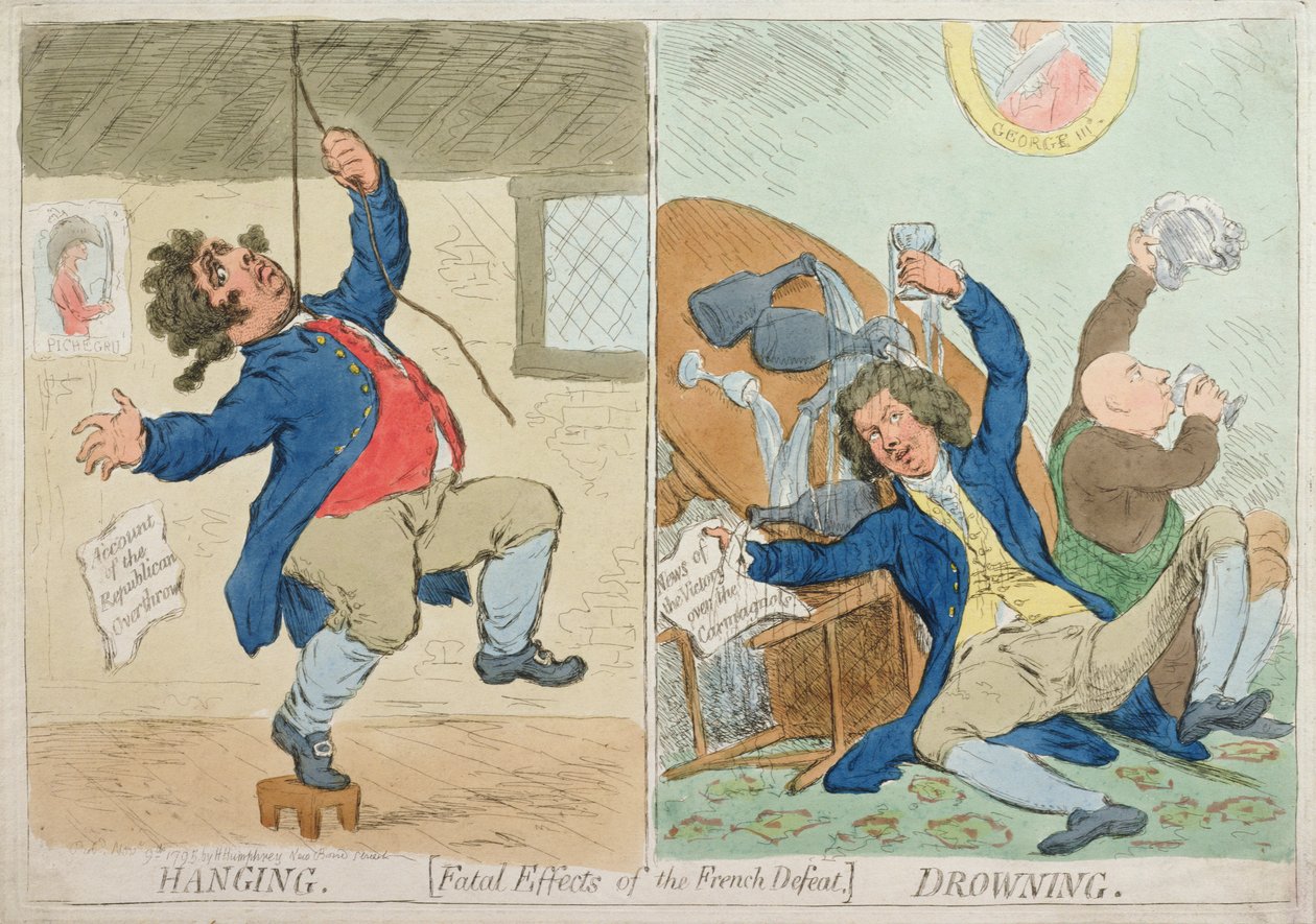 Suspensão e afogamento, ou efeitos fatais da derrota francesa, publicado por Hannah Humphrey em 1795 (gravura à mão colorida) de James Gillray