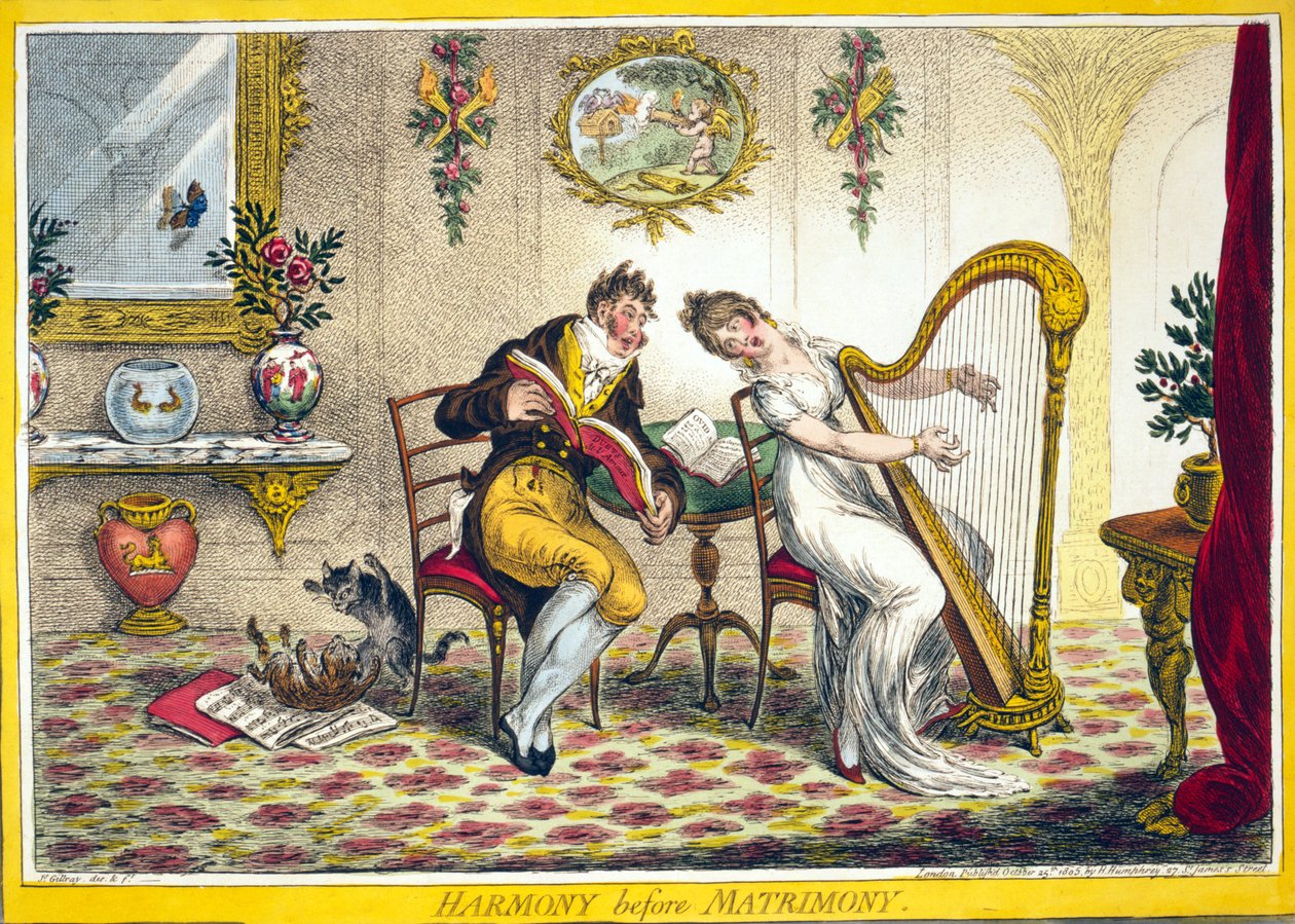 Harmonia antes do Matrimónio, pub. Hannah Humphrey, 25 de Outubro de 1805 (gravura a cores) de James Gillray