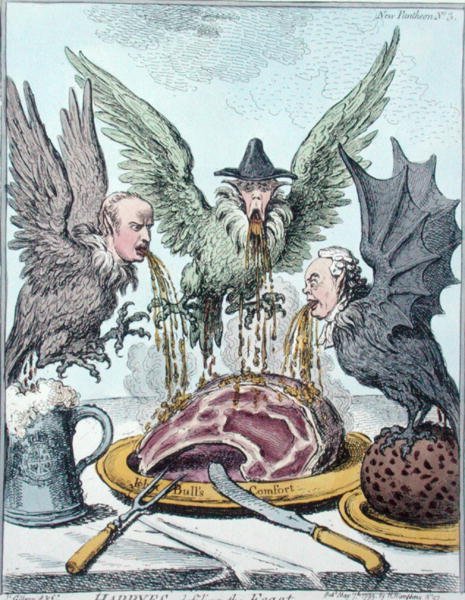 Harpia Destruindo a Festa, publicado por Hannah Humphrey em 1799 (gravura colorida à mão) de James Gillray