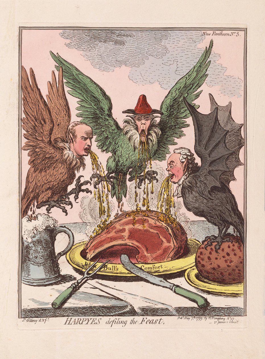 Harpyes profanando a festa, bar. 1799 (gravura colorida à mão) de James Gillray