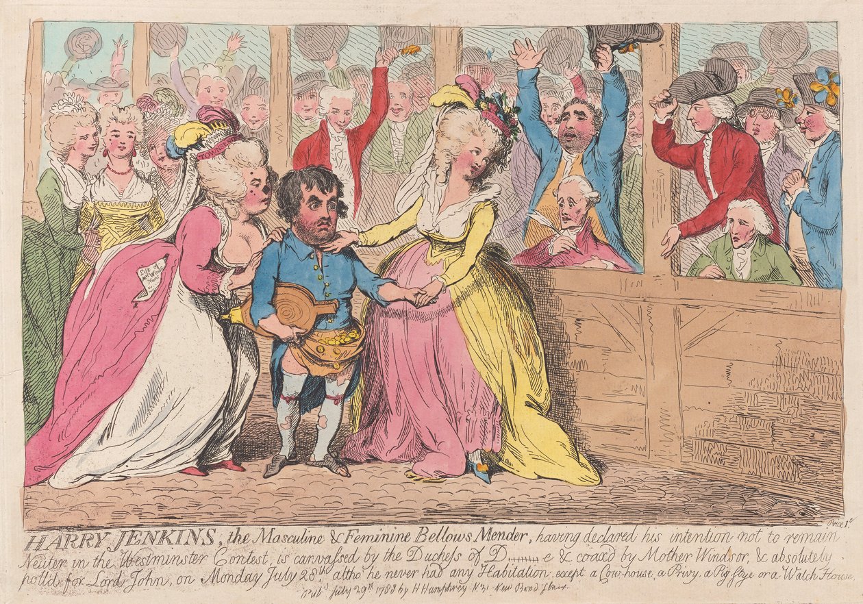Harry Jenkins, o masculino e feminino Bellows Mender, pub. 1788 (gravura colorida à mão) de James Gillray