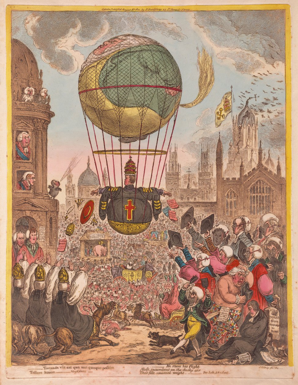 Ele dirige seu vôo, pub. 1810 (gravura colorida à mão) de James Gillray