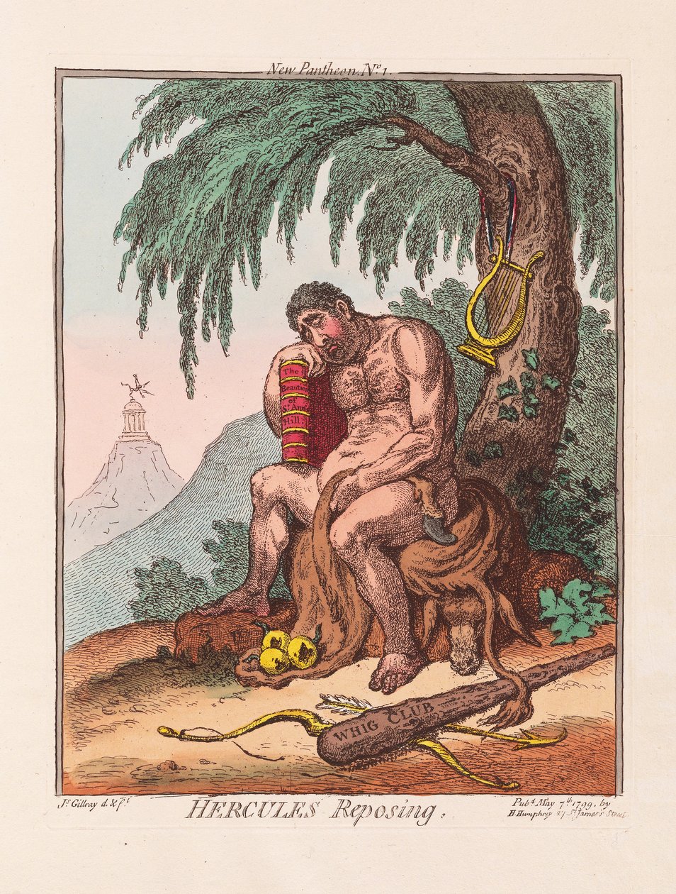 Hercules Reposing, pub. 1799 (engaving colorido à mão) de James Gillray