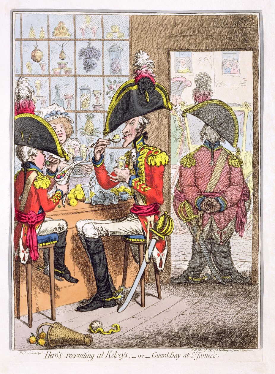 &39;Hero&39;s Recruiting no Kelsey&39;s, ou Guard-Day no St. James&39;s&39;, pub. por Hannah Humphrey, 1797 (gravura colorida) de James Gillray