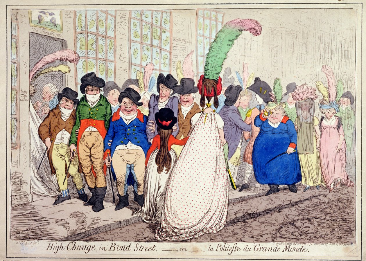 High Change em Bond Street, ou La Politesse du Grande Monde, publicado por Hannah Humphrey em 1796 (gravura à mão colorida) de James Gillray