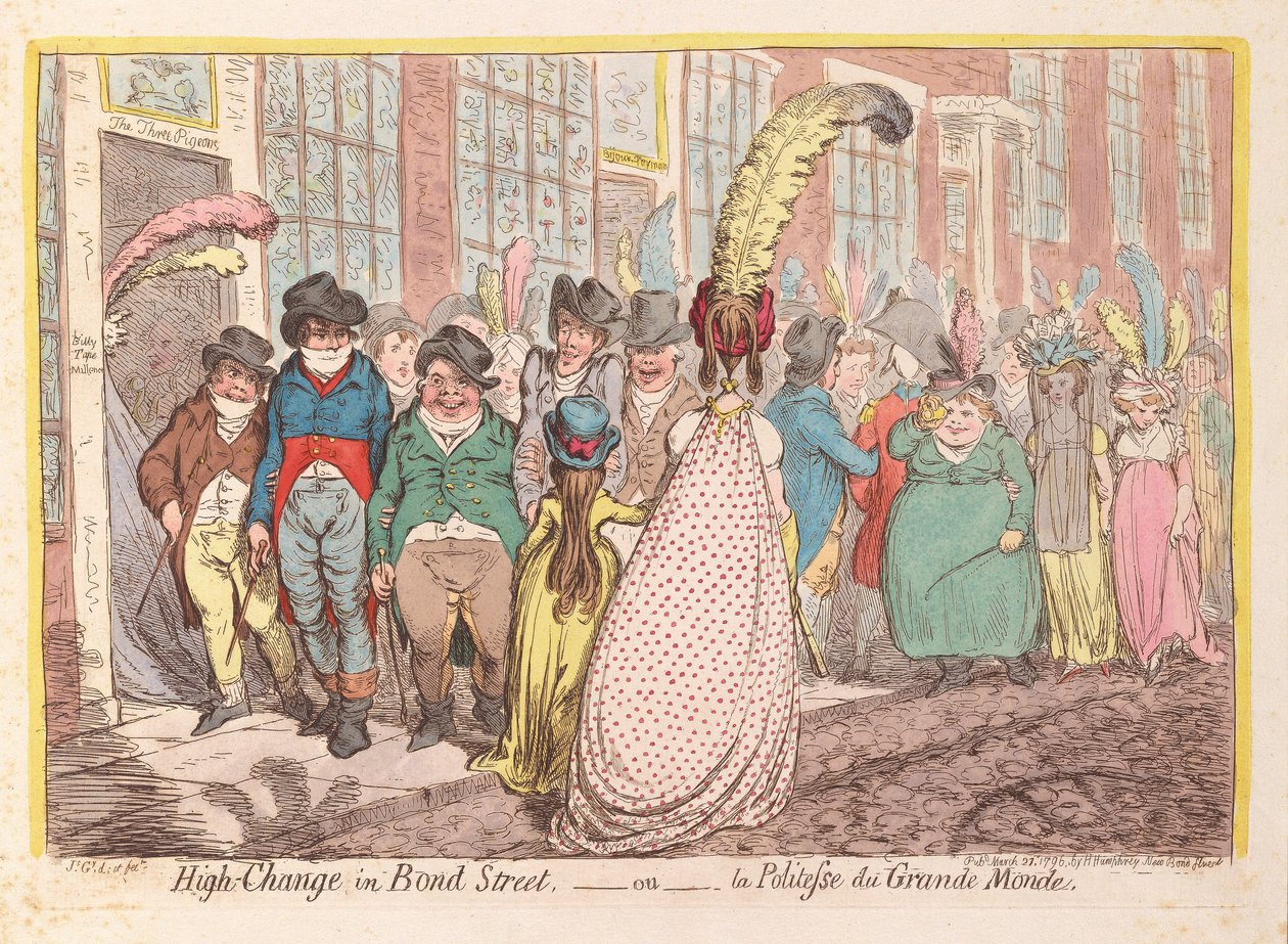Alta Mudança na Bond Street, ou o Politeness of Great World, pub. 1796 (gravura colorida à mão) de James Gillray