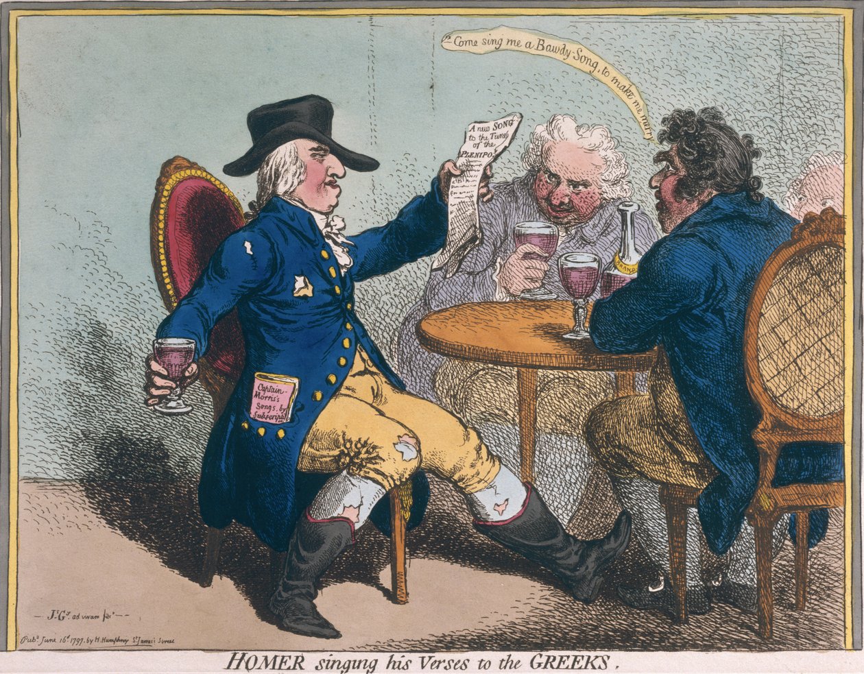 Homer cantando seus versos para os gregos, publicado por Hannah Humphrey em 1797 (gravura à mão colorida) de James Gillray