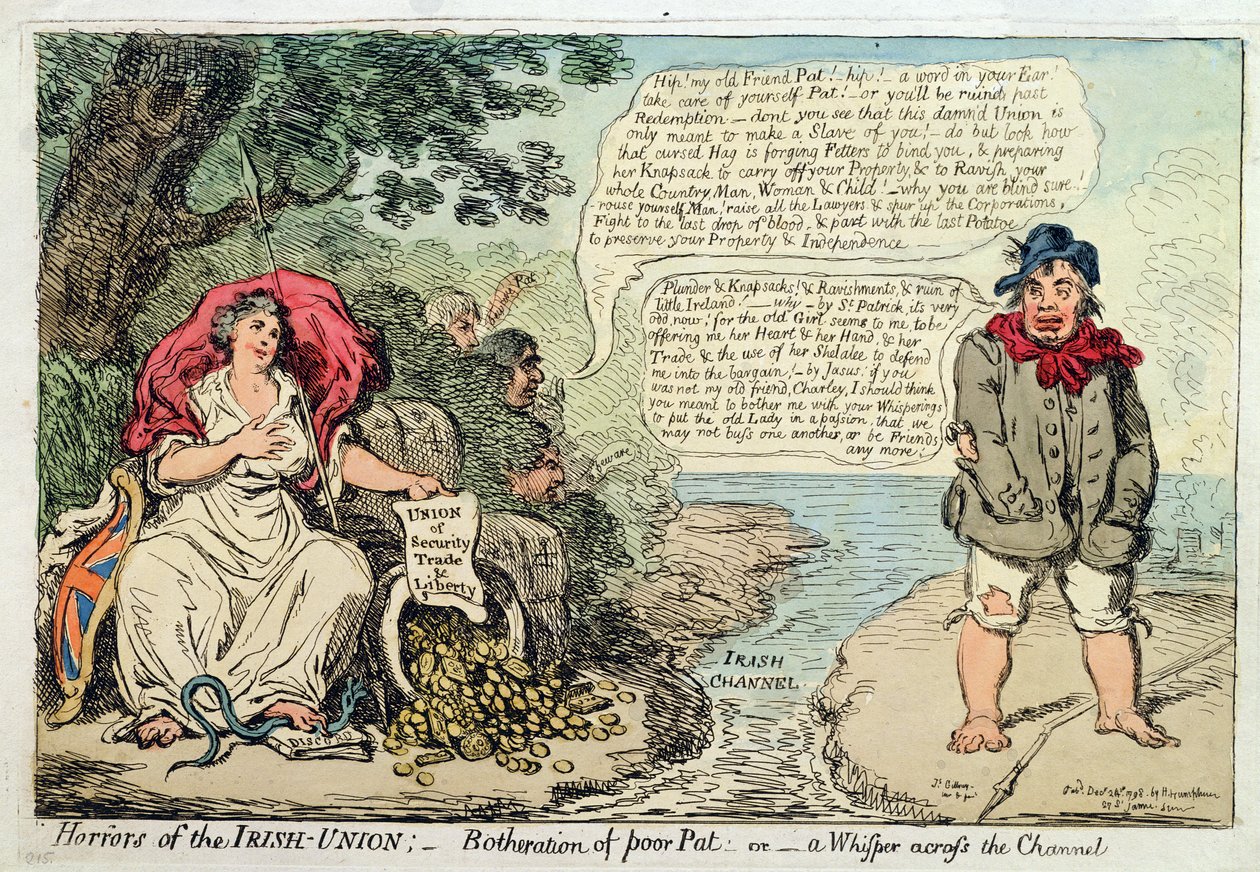Horrores da União Irlandesa: Botheration of Pobre Pat, ou A Whisper através do Canal, publicado por Hannah Humphrey em 1798 (gravura à mão colorida) de James Gillray