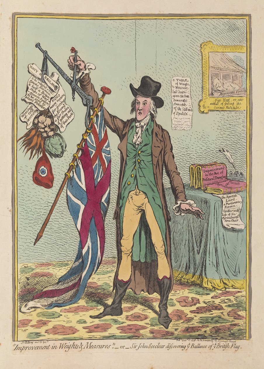 Melhoria em pesos e medidas ou Sir John Seeclear descobrindo cada saldo de cada bandeira britânica, pub. 1798 (gravura colorida à mão) de James Gillray