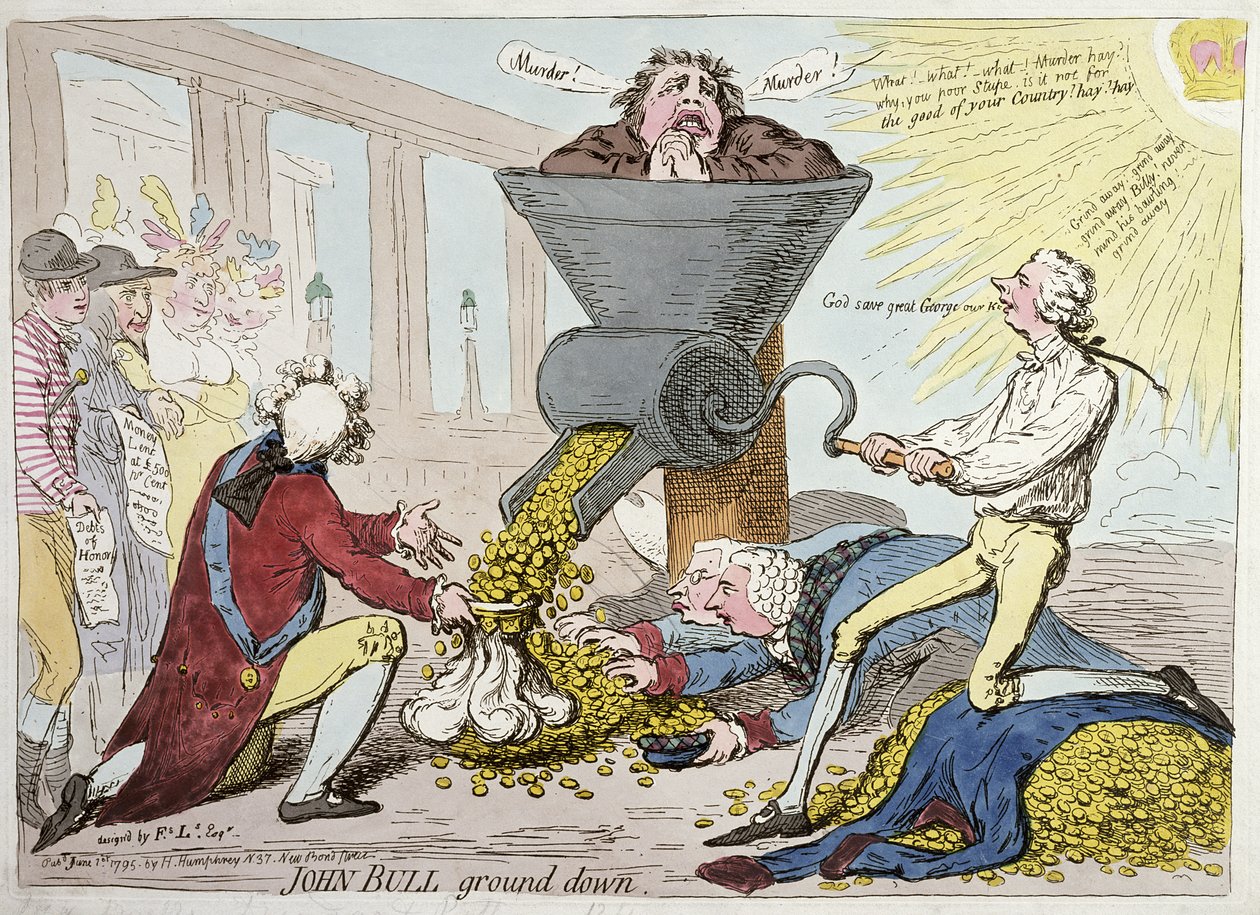 John Bull Ground Down, publicado por Hannah Humphrey em 1795 (gravura à mão colorida) de James Gillray