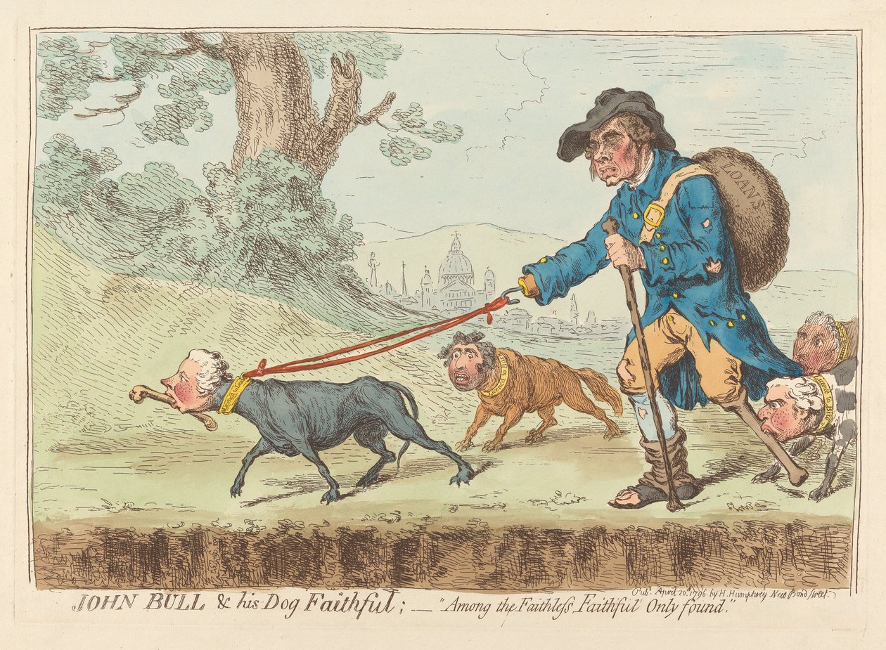John Bull e o seu cão Faithful; - «Entre os infiéis, só se encontra a fidelidade» de James Gillray