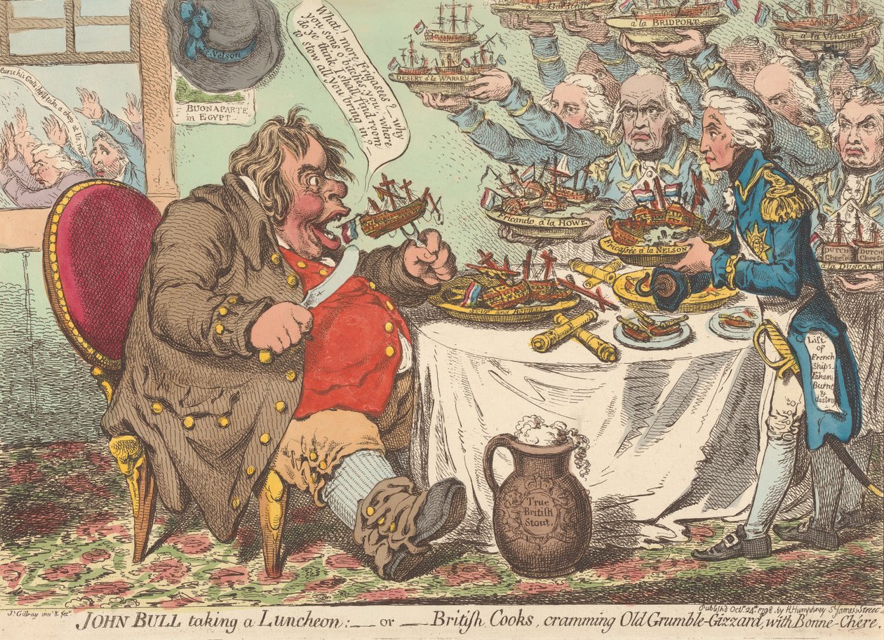 John Bull a almoçar - ou - Cozinheiros britânicos a empanturrar o velho Resmungão-Estômago com boa comida (de: Caricature, vol. 1) de James Gillray