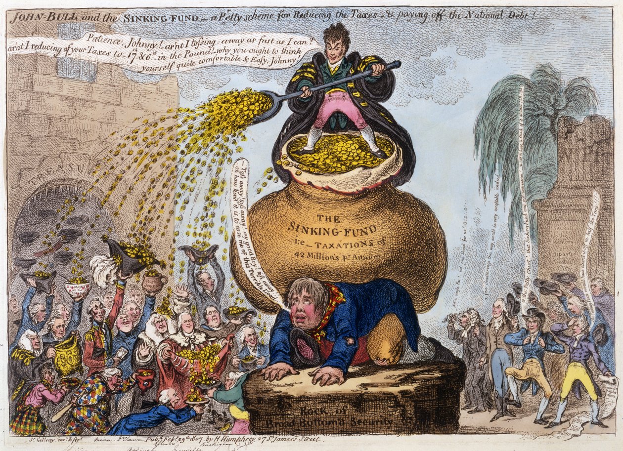 John Bull e The Sinking Fund - um pequeno esquema para reduzir os impostos e pagar a dívida nacional, pub. H Humphrey, Londres, 1807 (engaving colorido à mão) de James Gillray