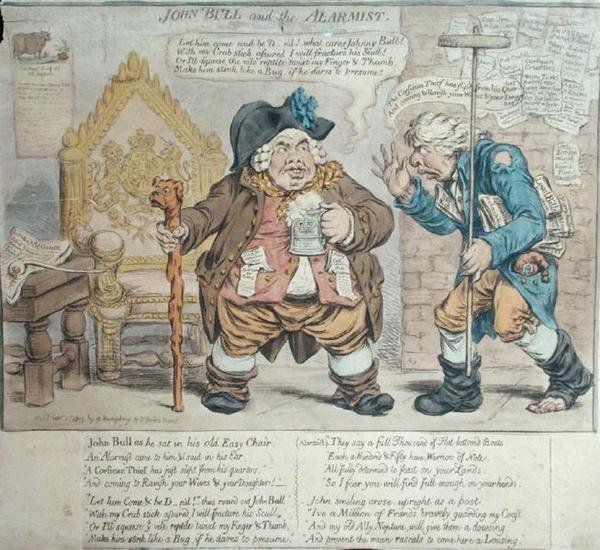 John Bull and the Alarmist, publicado por Hannah Humphrey em 1803 (gravura colorida à mão) de James Gillray