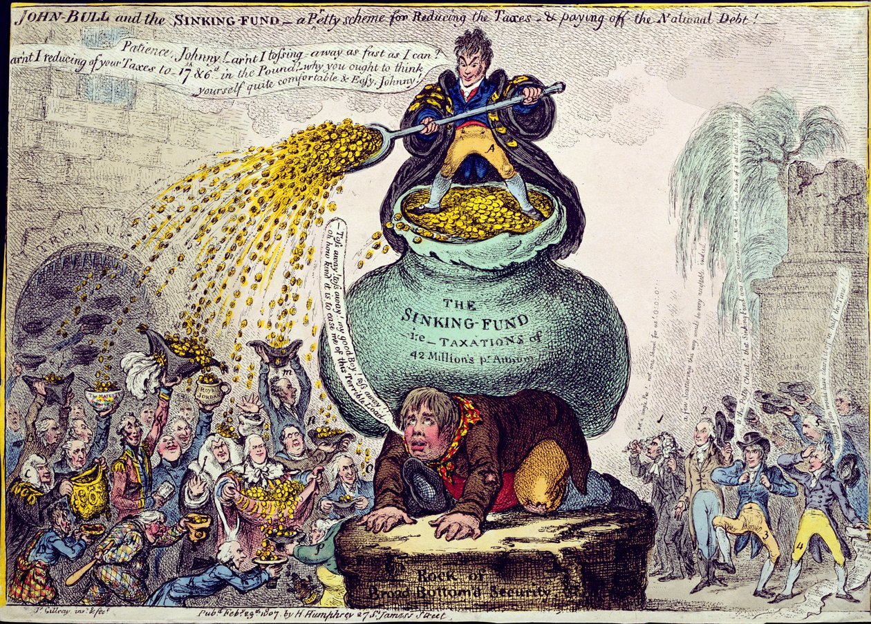John Bull e o fundo de naufrágio ou Um esquema bonito para reduzir impostos e pagar a dívida nacional, publicado por Hannah Humphrey em 1807 (gravura à mão colorida) de James Gillray