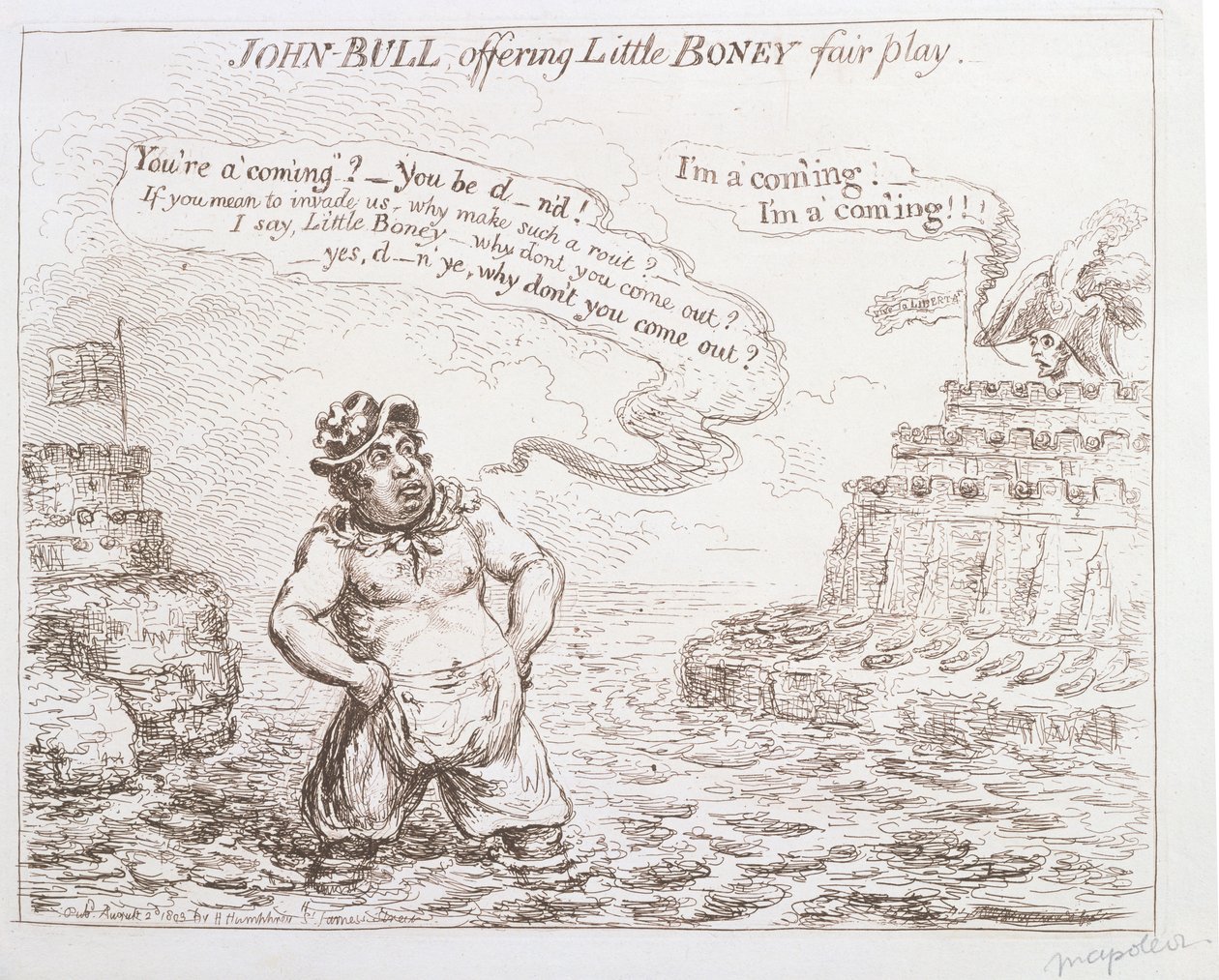 John Bull oferece pouco fair play Boney, publicado por Hannah Humphrey em 1803 de James Gillray