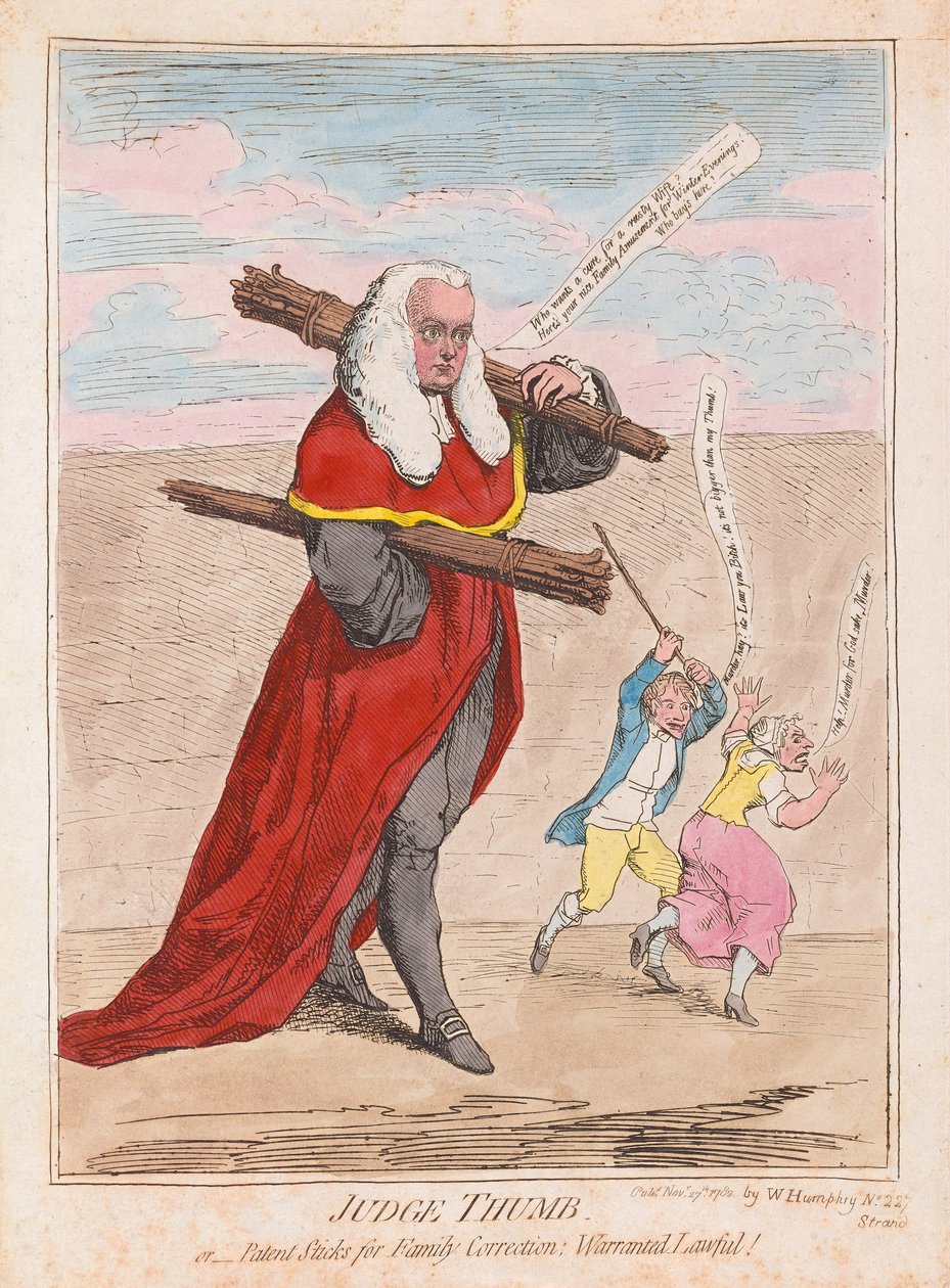 Juiz Polegar, ou Patentes para a Família Correção Garantida Legal, pub. 1782 (gravura colorida à mão) de James Gillray