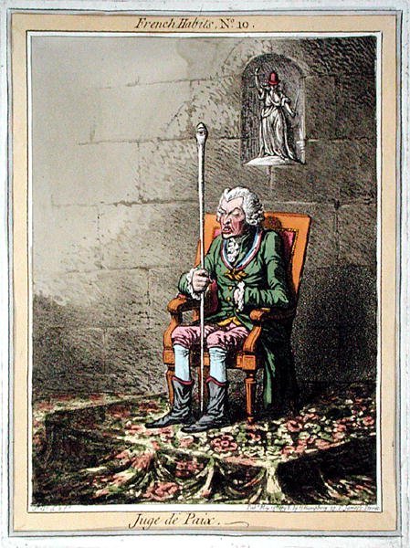 Juge de Paix, placa 10 de "Hábitos Franceses" publicada por Hannah Humphrey em 1798 (gravura colorida) de James Gillray