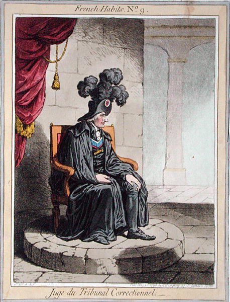 Juge du Tribunal Correctionnel, placa 9 de "French Habits" publicado por Hannah Humphrey em 1798 (gravura colorida) de James Gillray