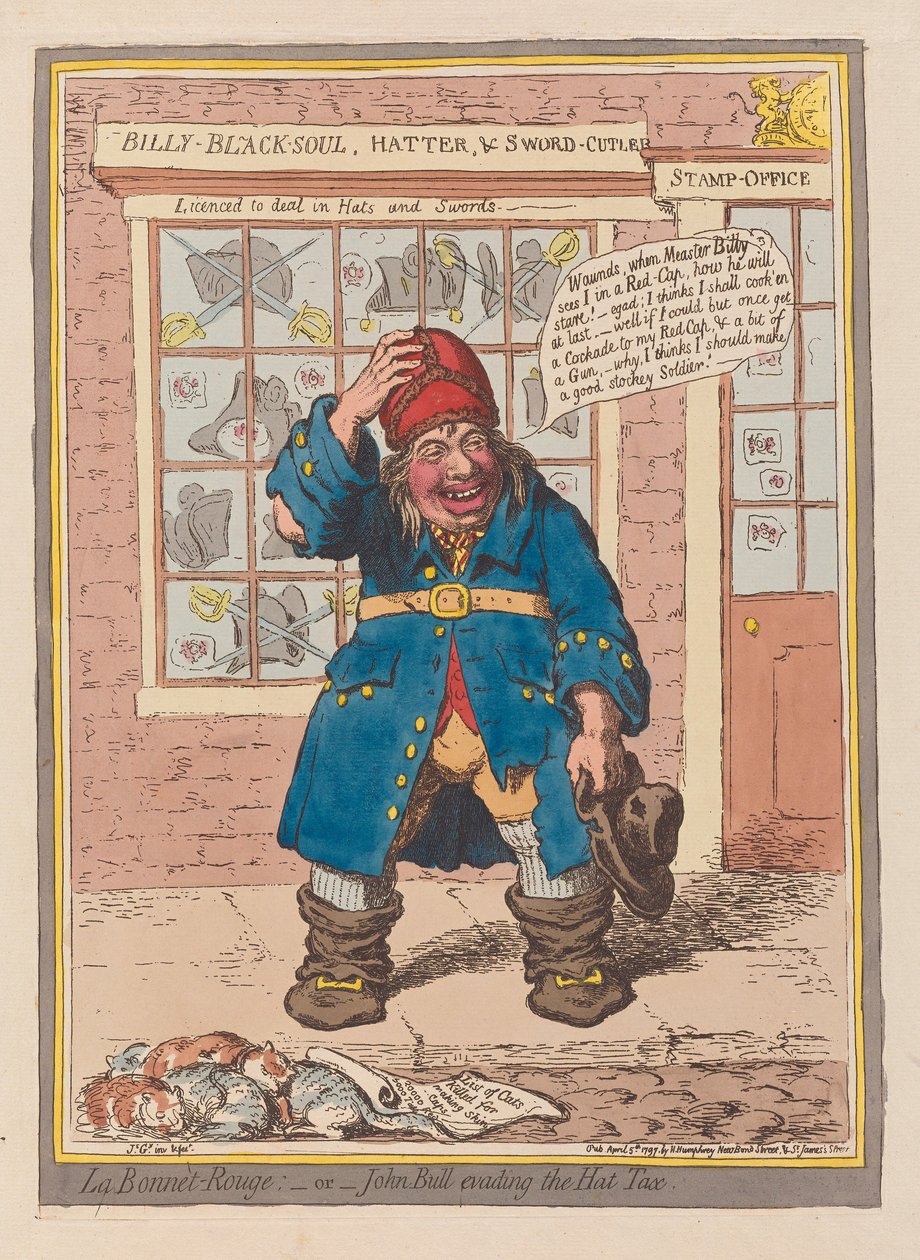 La Bonnet Rouge ou John Bull evadindo o Imposto sobre o Chapéu, pub. 1797 (gravação a cores) de James Gillray