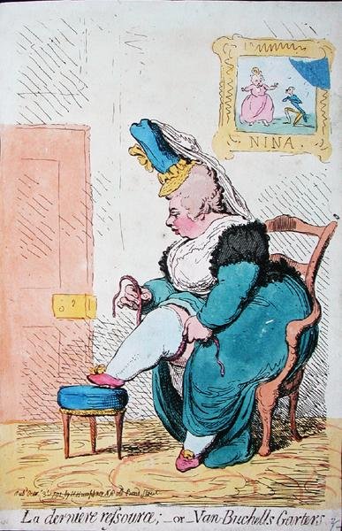 La Derniere Resource, ou Van Buchells Garters, publicado por Hannah Humphrey em 1791 (gravura colorida à mão) de James Gillray