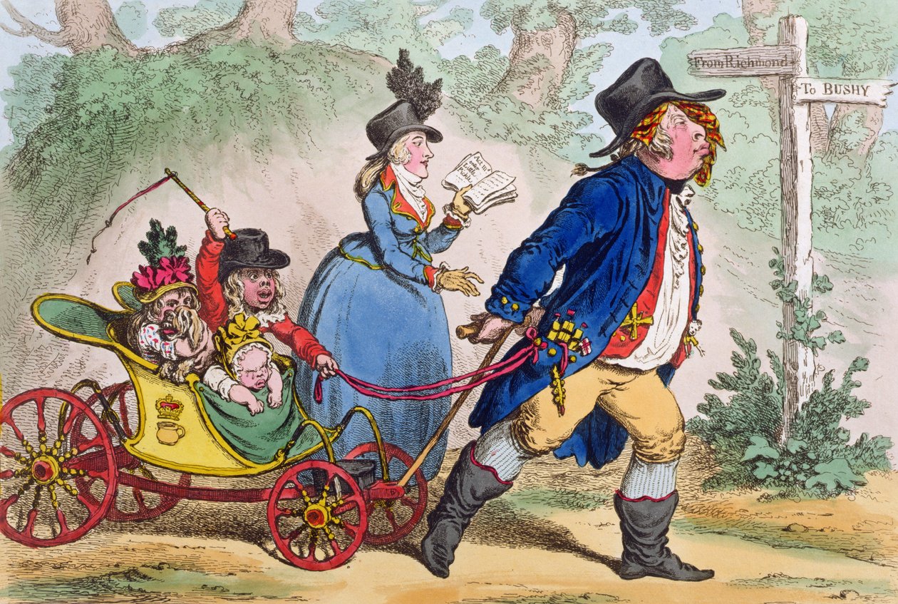 La Promenade en Famille, ou Um Esboço da Vida, publicado por Hannah Humphrey em 1797 (gravura à mão colorida) de James Gillray