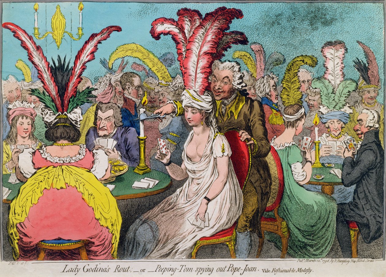 Rotina de Lady Godiva, ou Peeping-Tom espionando Papa-Joan, publicado por Hannah Humphrey em 1796 (gravura colorida à mão) de James Gillray
