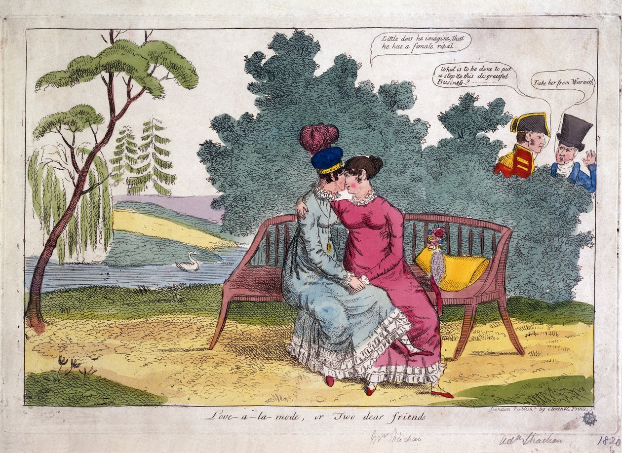 Lady Strachan e Lady Warwick fazem amor num parque, enquanto os seus maridos observam com desaprovação. de James Gillray