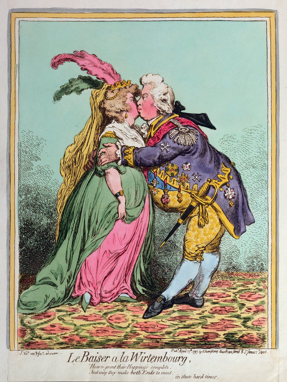Le Baiser à la Wirtembourg, publicado por Hannah Humphrey em 1797 (gravura à mão colorida) de James Gillray