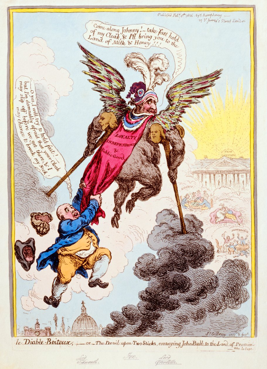 Le Diable-Boiteux, ou O Diabo em Duas Varas Transmitindo John Bull à Terra da Promessa, publicado por Hannah Humphrey em 1806 (gravura à mão colorida) de James Gillray