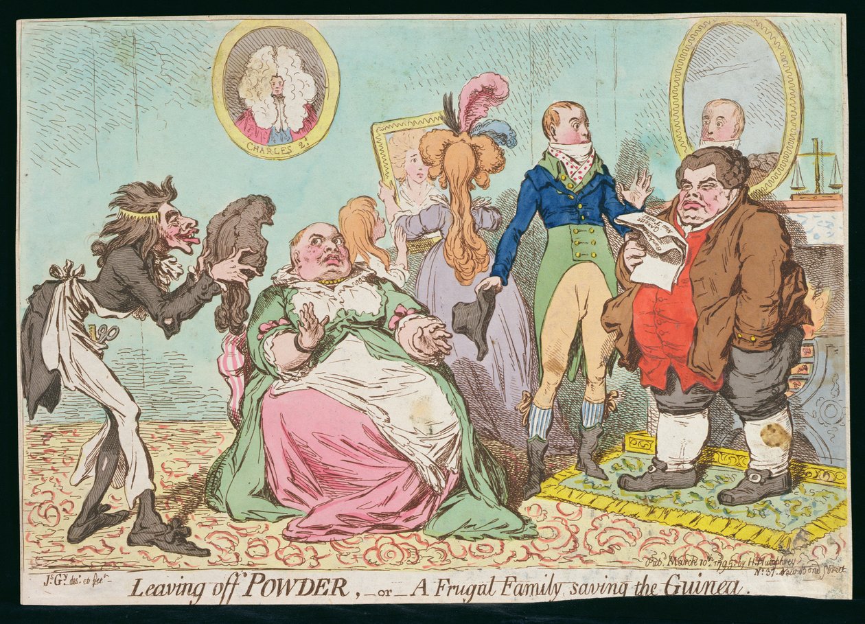 Deixando Pó ou Uma Família Frugal salvando a Guiné, publicado por Hannah Humphrey em 1795 (gravura à mão colorida) de James Gillray