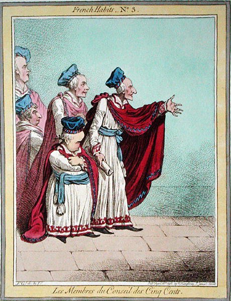 Les Membres du Conseil des Cinq Cents, placa 3 de "Hábitos franceses", publicado por Hannah Humphrey em 1798 (gravura colorida) de James Gillray