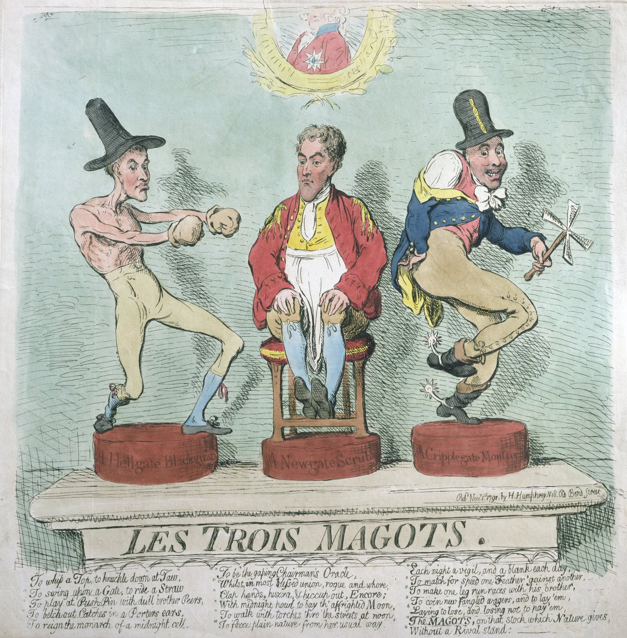 Les Trois Magots, publicado por Hannah Humphrey em 1791 (gravura à mão colorida) de James Gillray