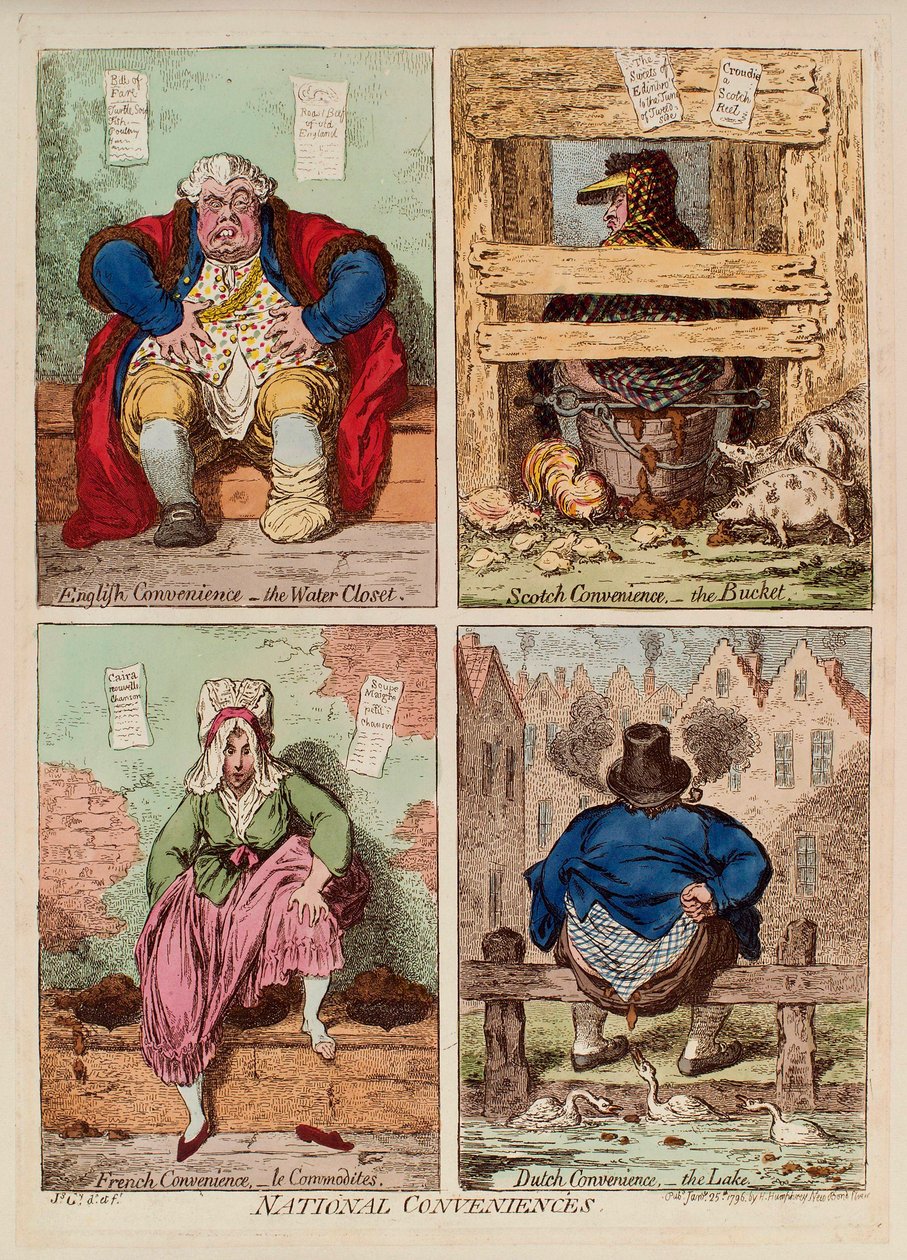 Conveniência nacional. (descrição e comparação de casas de banho em Inglaterra, Escócia, França e Holanda). Obra de James Gillray (1757-1815), gravura e aguarela de James Gillray