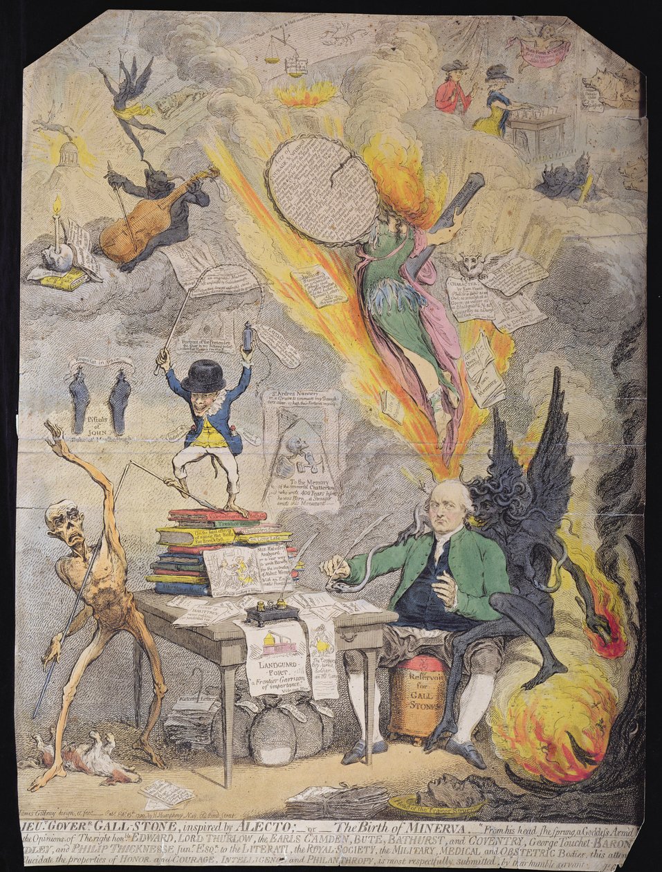 Tenente-Governador Gall-Stone, inspirado em Alecto, ou O Nascimento de Minerva, publicado por Hannah Humphrey em 1790 (gravura com água-tinta) de James Gillray