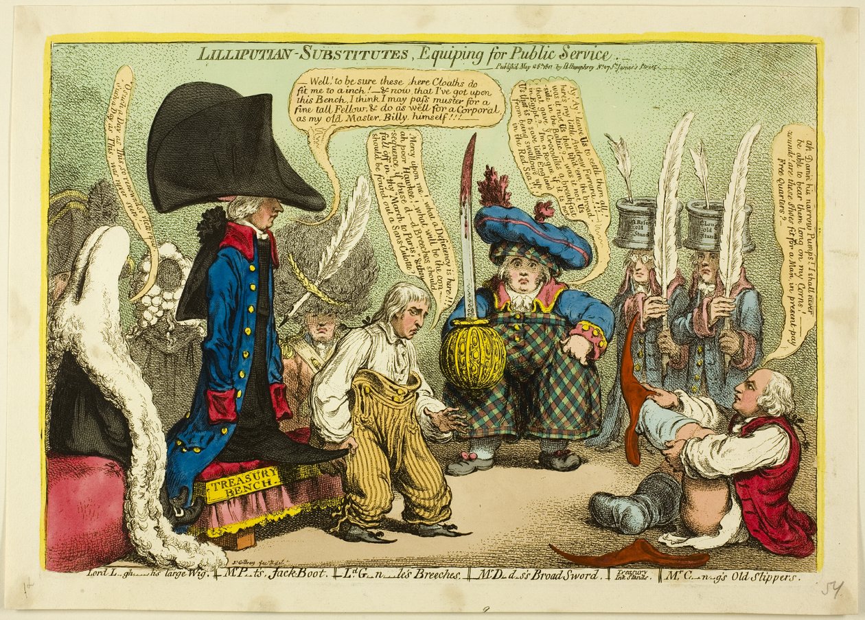 Lilliputianos-substitutos, equipar para o serviço público de James Gillray