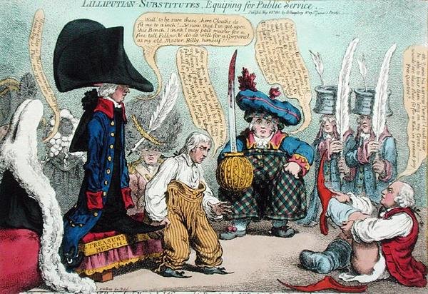 Lilliputian-Substitutes, Equipping for Public Service, publicado por Hannah Humphrey em 1801 (gravura colorida à mão) de James Gillray