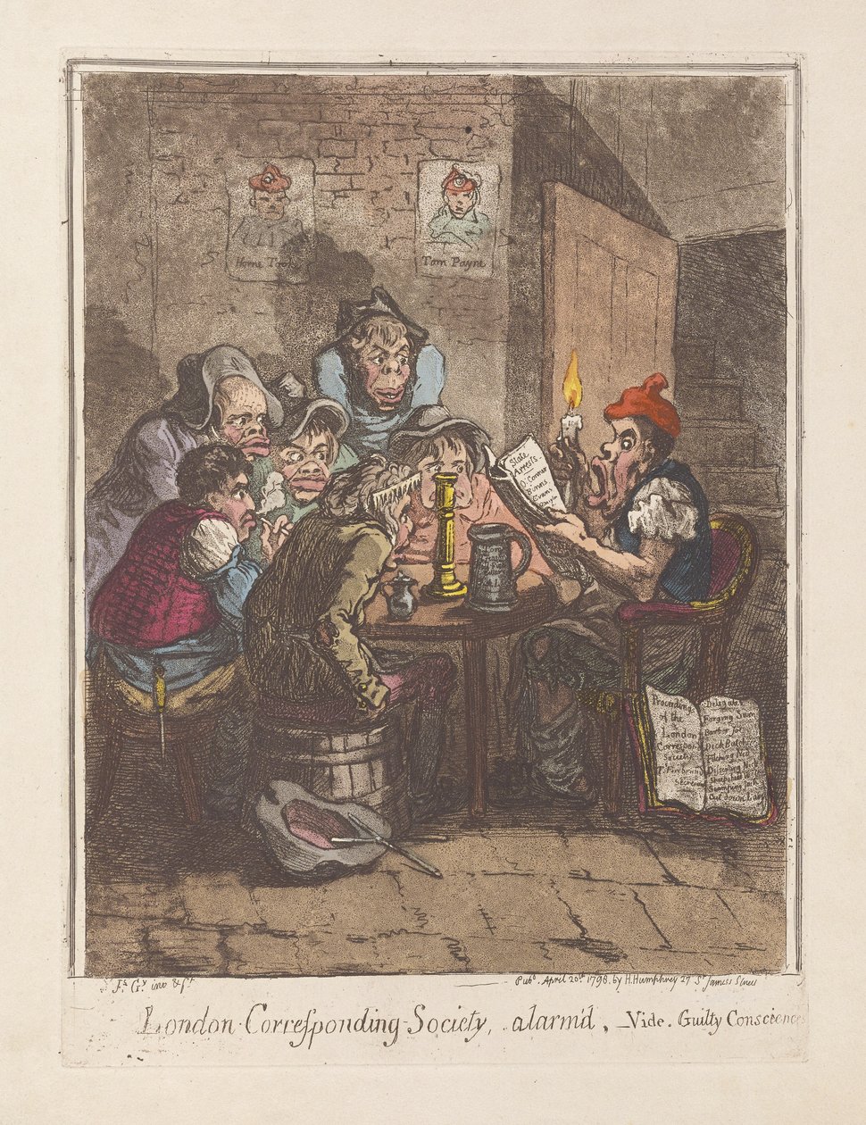 Sociedade Correspondente de Londres, alarmd, vide. Consciências Culpadas, pub. 1796 (gravura colorida à mão) de James Gillray