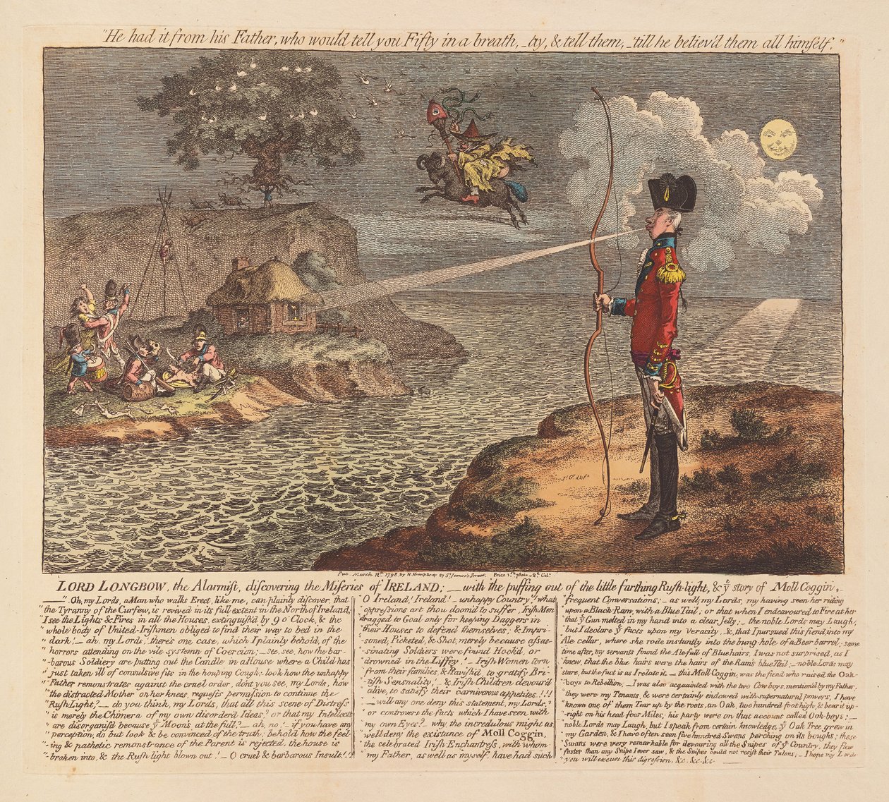 Lord Longbow, o Alarmista, descobrindo as Misérias da Irlanda, pub. 1798 (gravura colorida à mão) de James Gillray