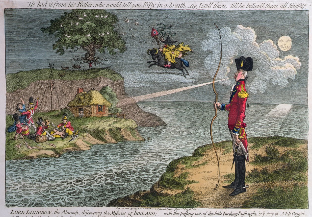 Lord Longbow, o alarmista, descobrindo as misérias da Irlanda, publicado por Hannah Humphrey em 1798 (gravura colorida à mão) de James Gillray
