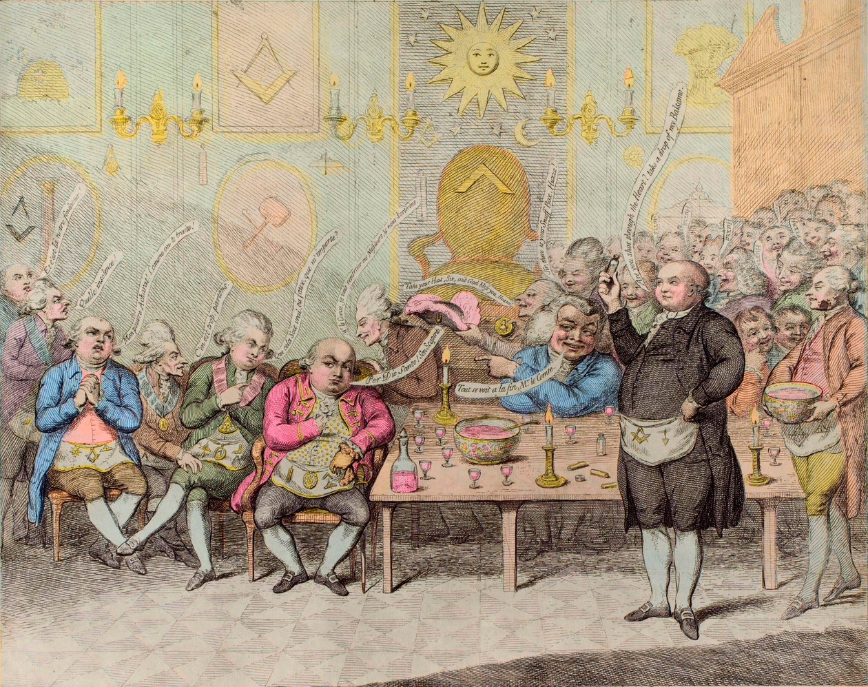 Maconic Anecdote/A Masonic Anedcote - de James Gillray (1757-1815) - desenho animado inglês contra o Conde Cagliostro (Alessandro, Conde de Cagliostro (Giuseppe Balsamo de James Gillray