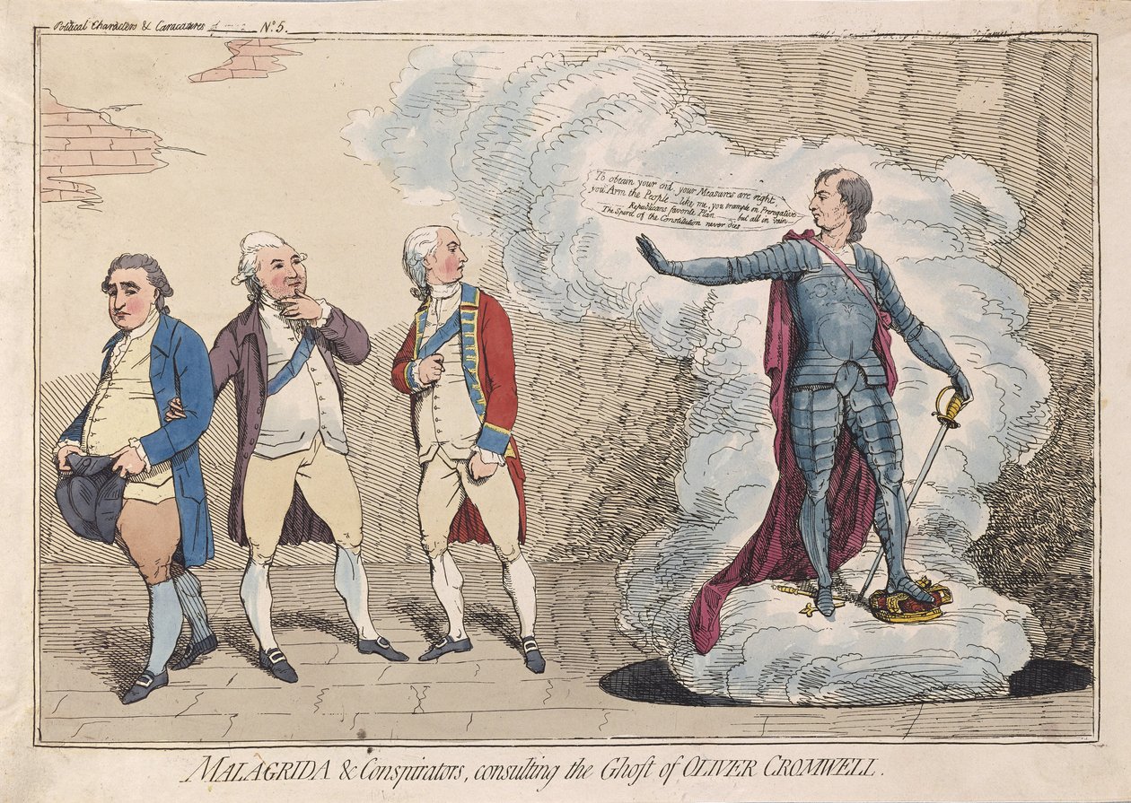 Malagrida & Conspirators, consultando o Ghost of Oliver Cromwell, pub. 1782 (gravura colorida à mão) de James Gillray