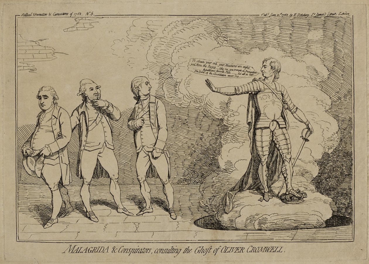 Malagrida e conspiradores, consultando o fantasma de Oliver Cromwell, publicado em 10 de junho de 1782 (gravura sobre papel avermelhado incrustado em papel de capa) de James Gillray